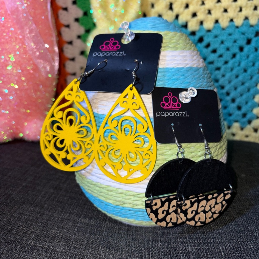 Paparazzi Yellow Teardrop and Black Pattern Earrings